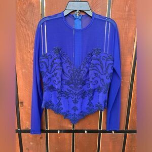 Vintage Tadashi Beaded Mesh Long Sleeve Top size small royal blue